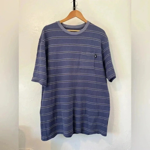 STUSSY PEAK STRIPE T-SHIRT NAVY SIZE 2XL MENS FRONT POCKET‎ RETRO LOOK - Picture 2 of 10